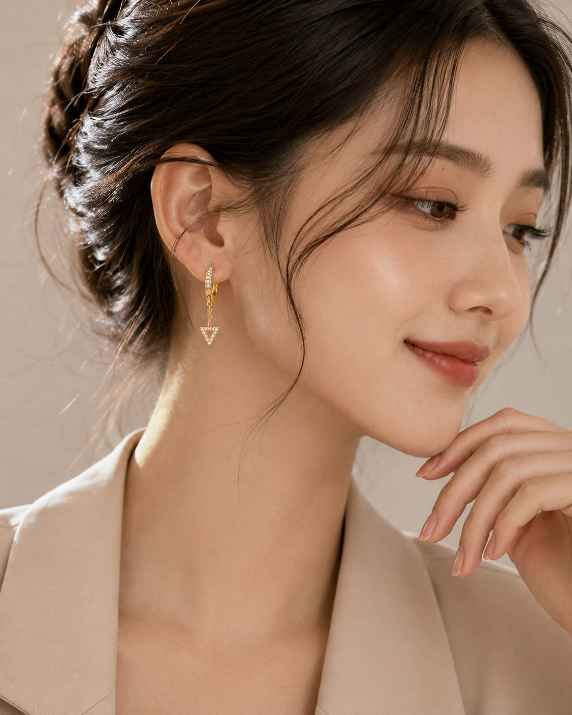 Gold Crystal Triangle Drop Hoop Earrings